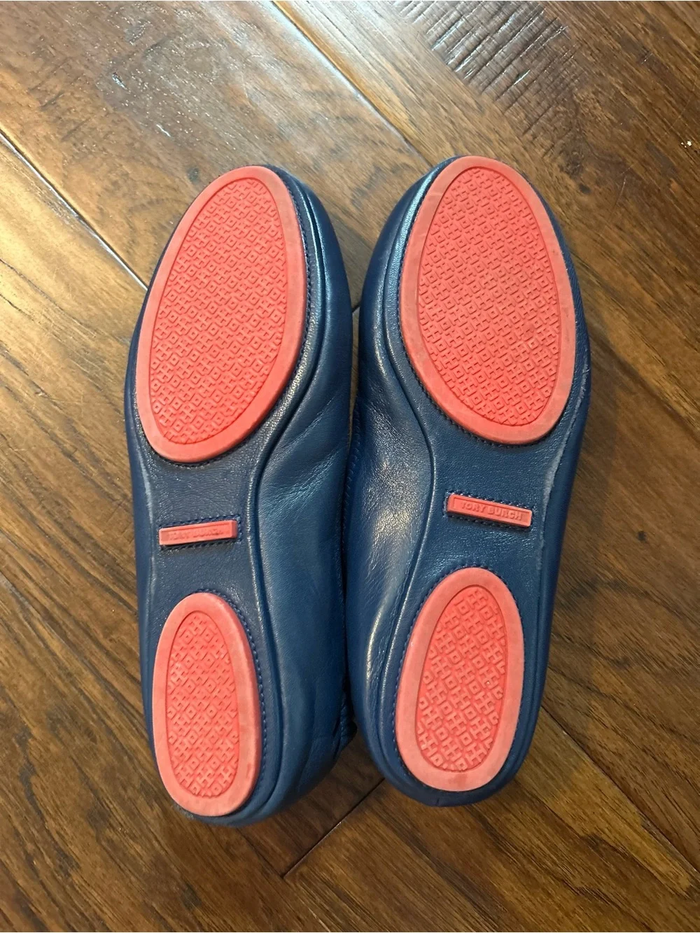 Tory Burch Navy Leather Reva Flats with Red Insole and Logo